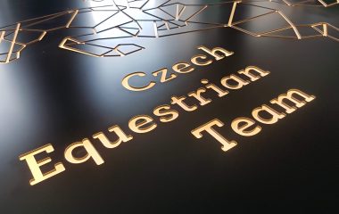 Detail světelného loga Czech Equestrian Team, černá deska s výřezem koně a jezdce