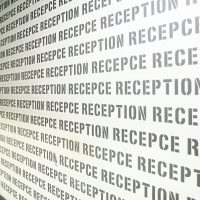 Šedé opakované nápisy RECEPCE a RECEPTION na bílé stěně v ústředí ČSOB