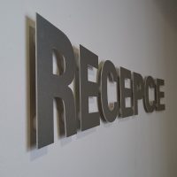 Šedý hliníkový 3D nápis RECEPCE připevněný na bílé stěně.