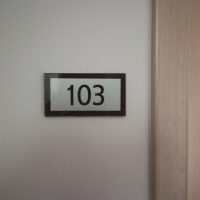 Dveřní skleněný štítek s bílým pozadím, černým rámečkem a gravírovanou číslovkou 103, kraj dřevěných dveří