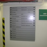 Stříbrná tabule s modulovým orientačním systémem, přimontováno na bílé zdi zdravotnického zařízení, vedle zelená tabulka s šipkou a nápisem SMĚR CH 2