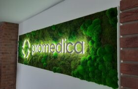 Tabule obdélníkového tvaru se zelenými výplněmi mechu, uprostřed s šedým nápisem promedica a šedým okrouhlým logem, nápis i logo bíle podsvíceno, na bílé stěně, vpravo i vlevo cihlové sloupy