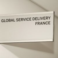 Šedá reklamní výstrč na bílé zdi, hliníkové lišty, černý nápis GLOBAL SERVICE DELIVERY FRANCE